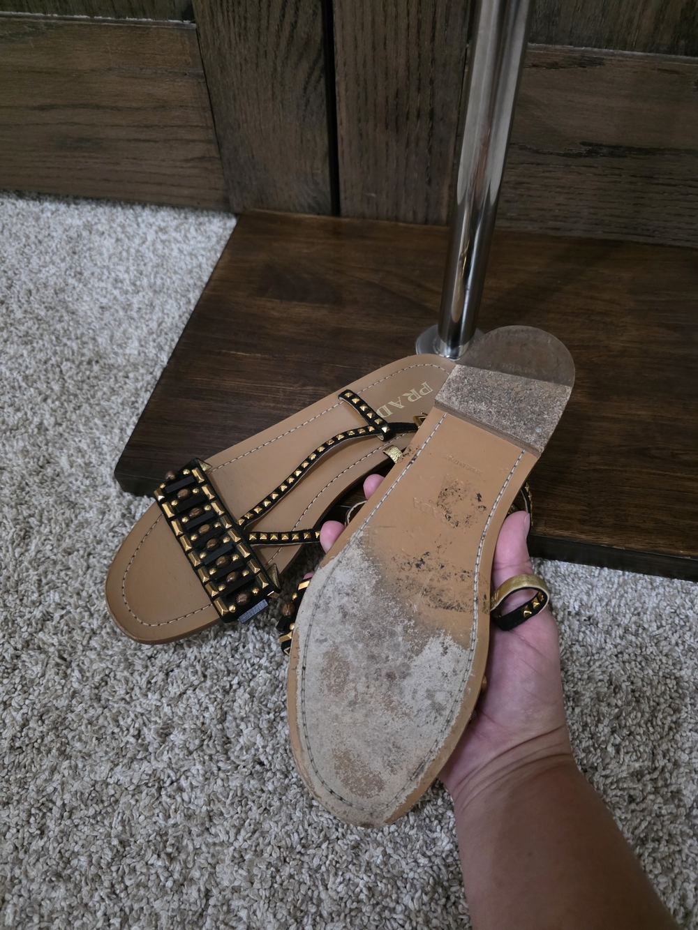 Prada Studded T-Strap Sandals - Picture 3 of 5